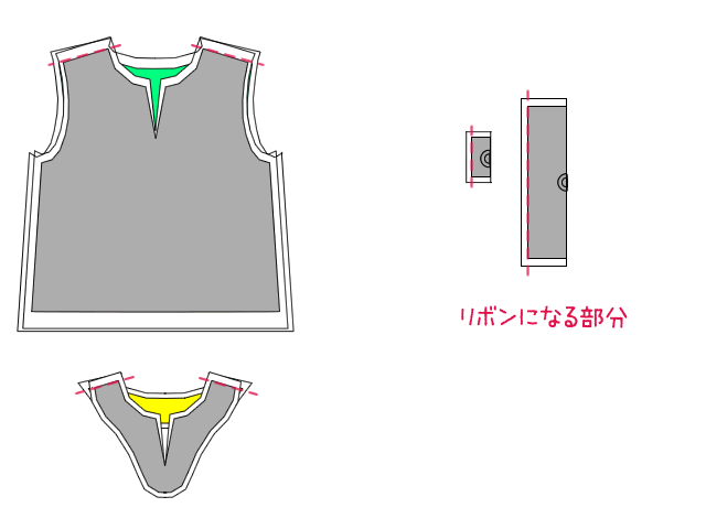 肩とリボンのパーツを縫う